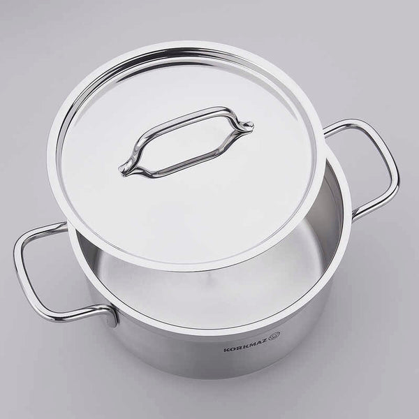 Korkmaz Alfa Stainless Steel Stock Pot with Lid - 30x15cm, Induction Compatible, Made In Turkey