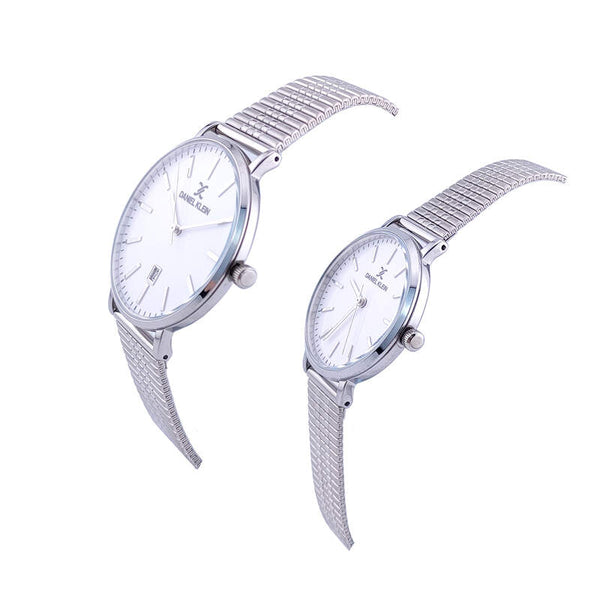 Daniel Klein Pair Couple's Analog DK.1.13577-2 Watch with Silver Mesh Strap | Watch For Men and Women