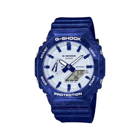 Casio G-Shock Men's Analog-Digital Watch Carbon Core Guard Structure Blue and White Porcelain Series Blue Resin Band Watch GA2100BWP-2A GA-2100BWP-2A