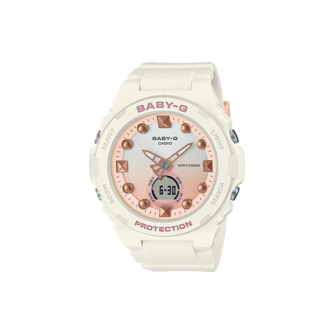 Casio Baby-G BGA-320-7A1 Playful Beach Series Women's Sport Watch with White Resin Band and Rose Gold Dial