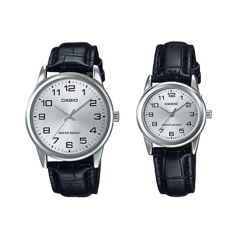 Casio Couple Watch for Men and Women MTP/LTP-V001L-7B Black Leather Band Analog Watch