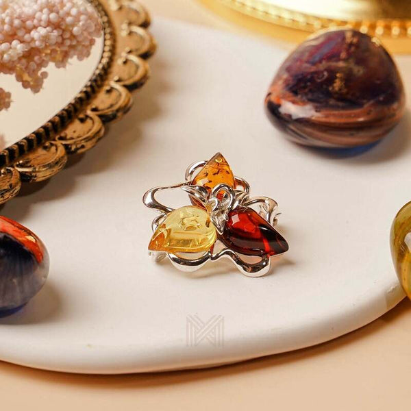 MILLENNE Multifaceted Baltic Amber Triangle Composition Silver Brooch with 925 Sterling Silver