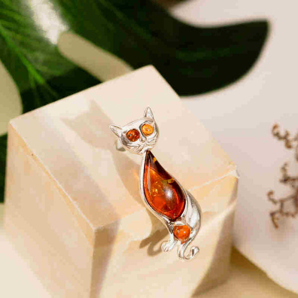 MILLENNE Multifaceted Baltic Amber Cat Silver Brooch with 925 Sterling Silver