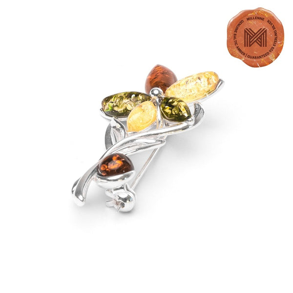 MILLENNE Multifaceted Baltic Amber Fresh Flower Silver Brooch with 925 Sterling Silver