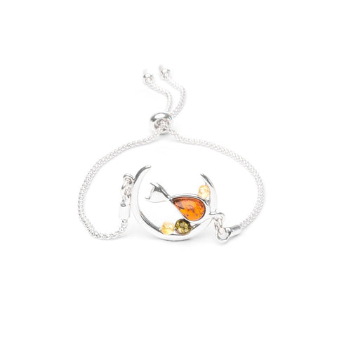 MILLENNE Multifaceted Baltic Amber Fish Underwater Drawstring Silver Bracelet with 925 Sterling Silver