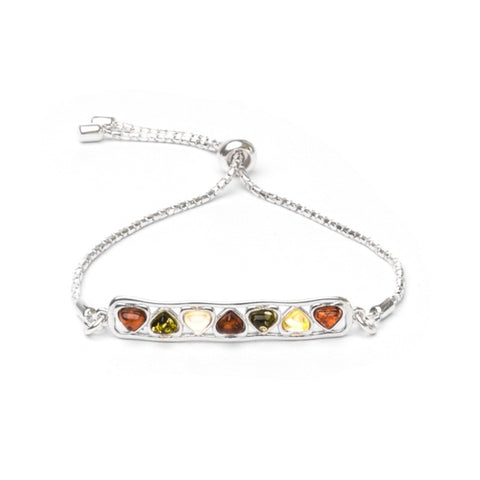MILLENNE Multifaceted Baltic Amber Multicolors Bar Drawstring Silver Bracelet with 925 Sterling Silver