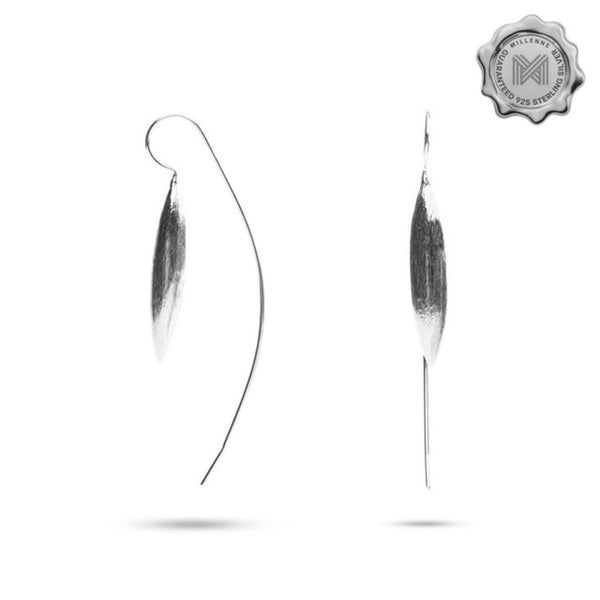 MILLENNE Minimal Brushed Marquise Curve Silver Threader Earrings with 925 Sterling Silver