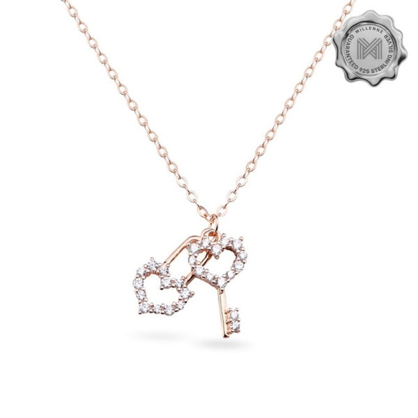 MILLENNE Millennia 2000 Key to my Heart Cubic Zirconia Rose Gold Necklace with 925 Sterling Silver