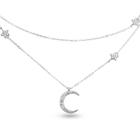 MILLENNE Match The Stars Moon and Stars Cubic Zirconia Rhodium Necklace with 925 Sterling Silver