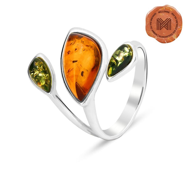 MILLENNE Multifaceted Baltic Amber Triad Silver Adjustable Ring with 925 Sterling Silver