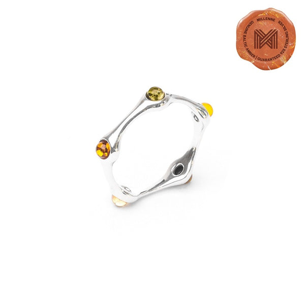MILLENNE Multifaceted Baltic Amber Multi-Tone Spaced Beads Silver Ring with 925 Sterling Silver