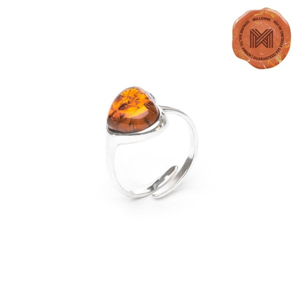 MILLENNE Multifaceted Baltic Amber Glowing Heart Silver Ring with 925 Sterling Silver