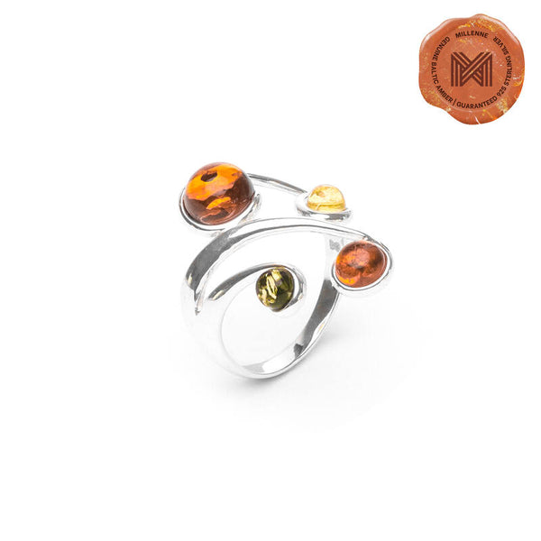 MILLENNE Multifaceted Baltic Amber Multi Globe Silver Ring with 925 Sterling Silver