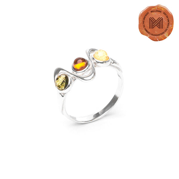 MILLENNE Multifaceted Baltic Amber Waves Silver Ring with 925 Sterling Silver