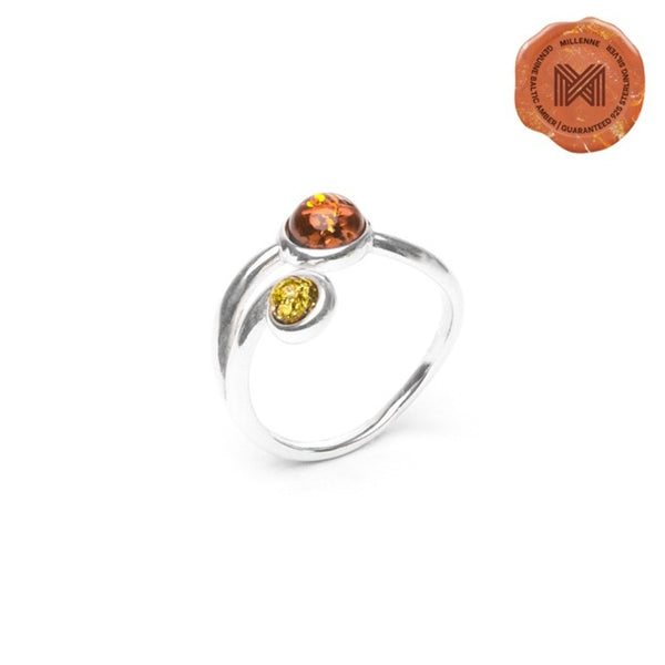 MILLENNE Multifaceted Baltic Amber Double Curve Silver Ring with 925 Sterling Silver