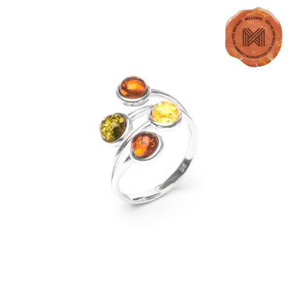 MILLENNE Multifaceted Baltic Amber Four Stone Statement Silver Ring with 925 Sterling Silver