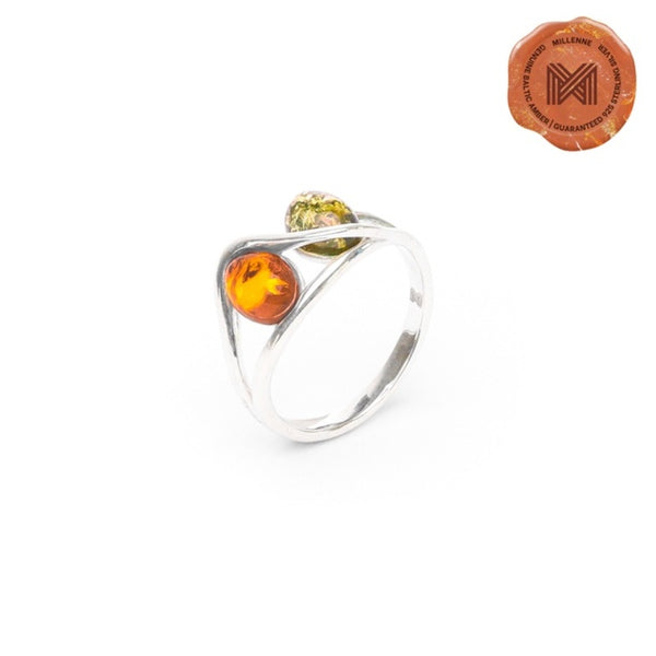 MILLENNE Multifaceted Baltic Amber Double Oval Silver Ring with 925 Sterling Silver