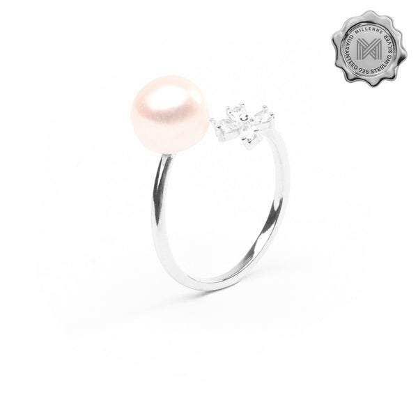 MILLENNE Multifaceted Pearl and 4 Leaf Clover White Gold Adjustable Ring with 925 Sterling Silver