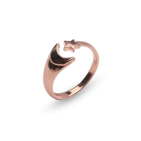 MILLENNE Match The Stars Cresent Moon and Star Rose Gold Adjustable Ring with 925 Sterling Silver