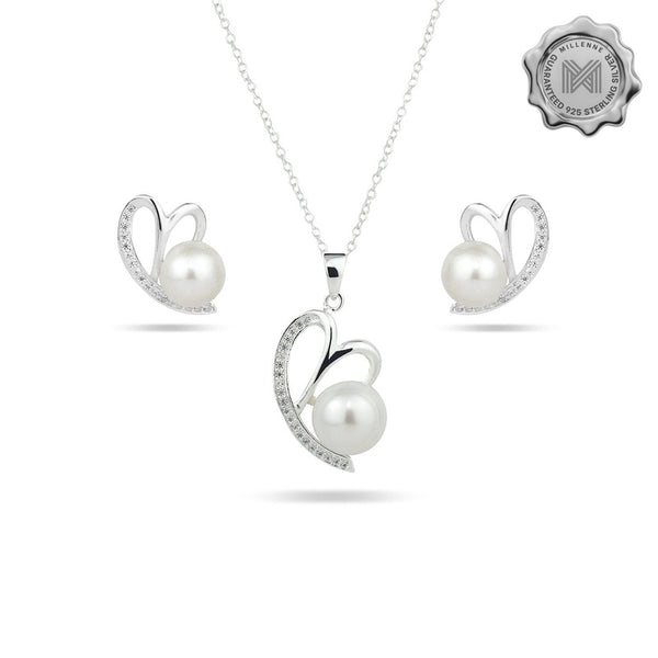 MILLENNE Made For The Night Freshwater Pearl Heart Cubic Zirconia Silver Necklace and Earrings Set with 925 Sterling Silver