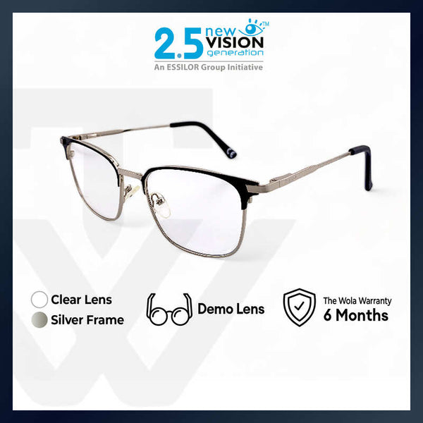 2.5 NVG by Essilor OPH Men's Square Frame Silver Metal Optical Frame with Demo Lens