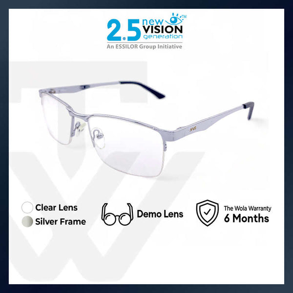 2.5 NVG by Essilor OPH Men's Rectangle Frame Silver Metal Optical Frame with Demo Lens