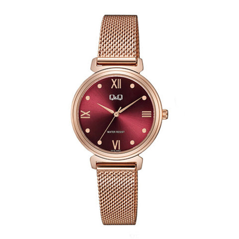 Q&Q Watch By Citizen Q27B-006PY Women Analog Watch with Red Leather Strap