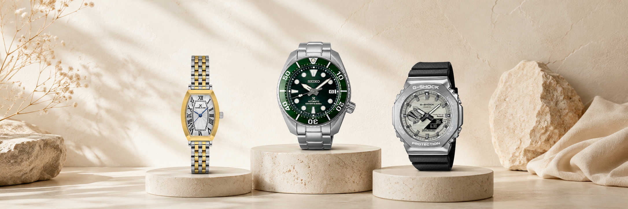 Curated watches on a warm beige background for The Wola watches collection