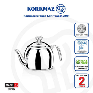Korkmaz Droppa 1.1 Lt Premium Stainless Steel Teapot - Gas Stove Compatible, Made In Turkey