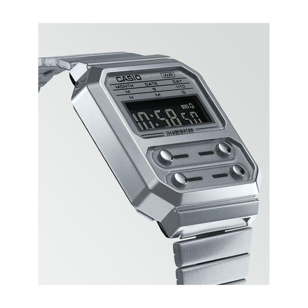 Casio Vintage Digital Watch A100WE-7B Stainless Steel Band Watch For Men