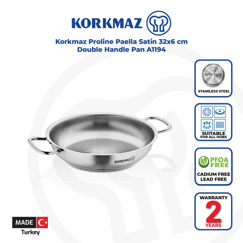 Korkmaz Proline Stainless Steel Paella Pan / Frying Pan - 32x6cm, Induction Compatible, Made in Turkey