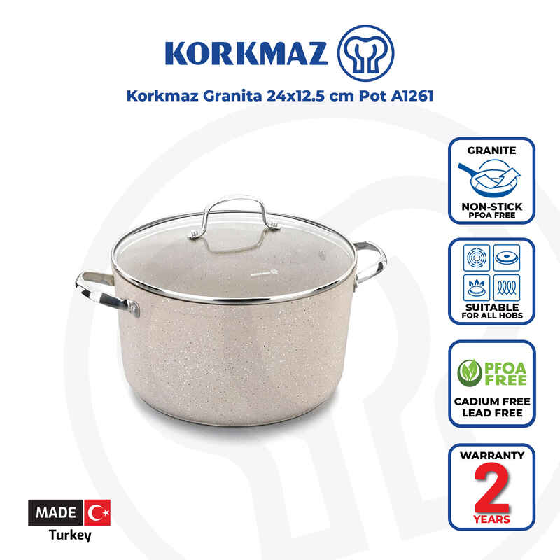 Korkmaz Granita Non Stick Stock Pot with Glass Lid - 24x12.5cm, PFOA Free, Induction Compatible, Made In Turkey