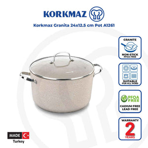 Korkmaz Granita Non Stick Stock Pot with Glass Lid - 24x12.5cm, PFOA Free, Induction Compatible, Made In Turkey