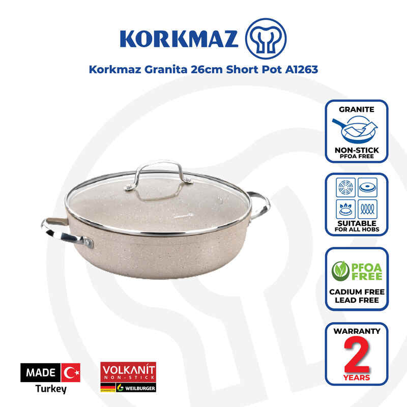 Korkmaz Granita Non-Stick Cooking Pot - 26x7cm, Induction Compatible, Free From PFOA, Cadmium, and Lead, Made in Turkey