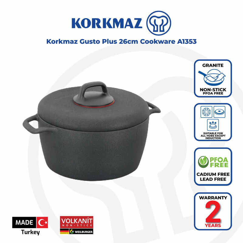 Korkmaz Gusto Plus Non-Stick Stock Pot (Soup Pot) - 26x13cm, Free From PFOA, Cadmium, and Lead, Made in Turkey