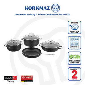 Korkmaz Galaksi Non-Stick Cookware Set, 7-Piece, Induction Compatible, Stock Pot Set with Frying Pan, Made in Turkey