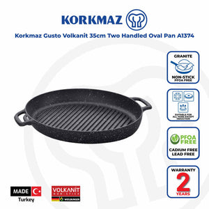 Korkmaz Gusto Volkanit Non-Stick Double Handle Grill Pan - 35x25cm, Free From PFOA, Cadmium, and Lead, Made in Turkey