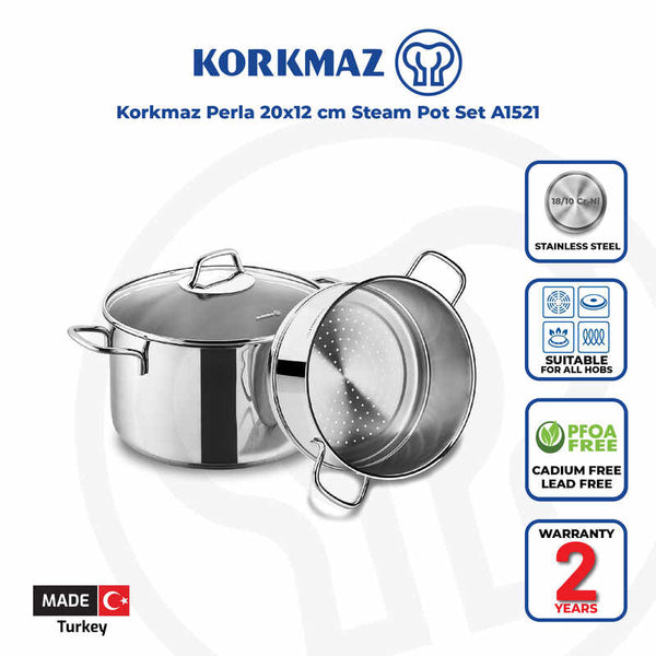 Korkmaz Perla Stainless Steel Steamer / Couscous Cookware Set with Lid - 20x12cm, Induction Compatible, Made In Turkey
