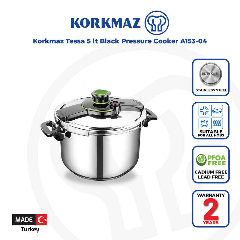 Korkmaz Tessa 5.0 Lt Stainless Steel Pressure Cooker - Induction Compatible, Made In Turkey