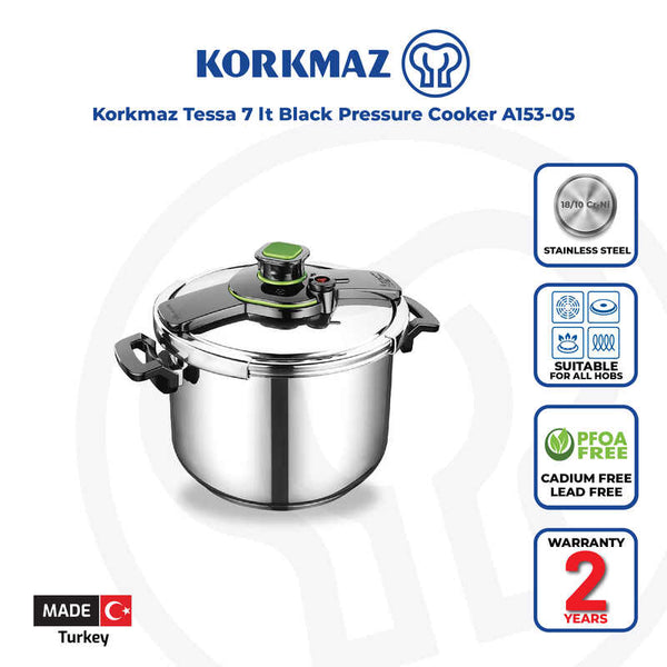 Korkmaz Tessa 7.0 Lt Stainless Steel Pressure Cooker - Induction Compatible, Made In Turkey