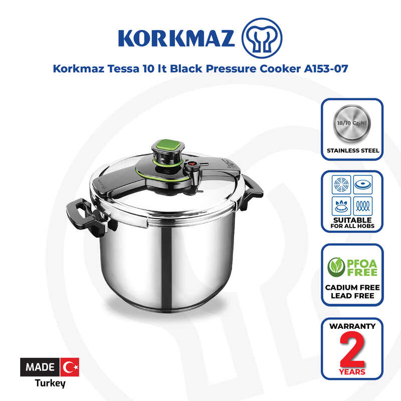 Korkmaz Tessa 10.0 Lt Stainless Steel Pressure Cooker - Induction Compatible, Made In Turkey
