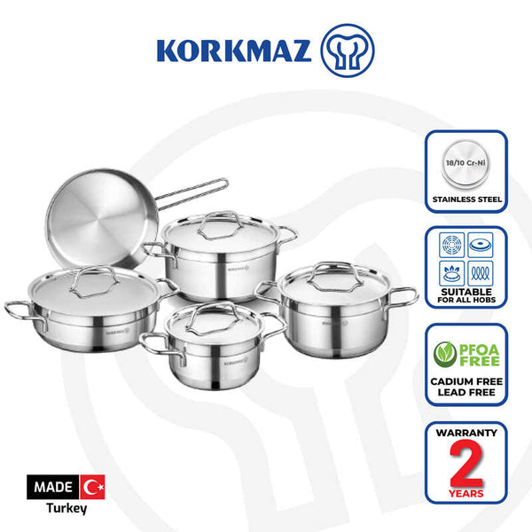 Korkmaz Alfa 9-Piece Stainless Steel Cookware Set - Induction Compatible, Stainless Steel Stock Pot Set and Frying Pan, Made in Turkey