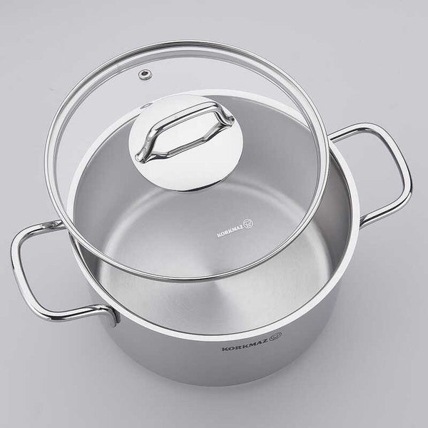 Korkmaz Perla Stainless Steel Cooking Pot with Glass Lid - 22x6cm, Induction Compatible, Made In Turkey