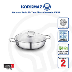Korkmaz Perla Stainless Steel Cooking Pot with Glass Lid - 26x7cm, Induction Compatible, Made In Turkey