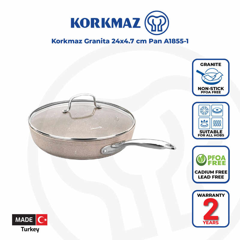 Korkmaz Granita Non Stick Frying Pan With Glass Lid - 24x4.7cm, PFOA Free, Induction Compatible, Made In Turkey