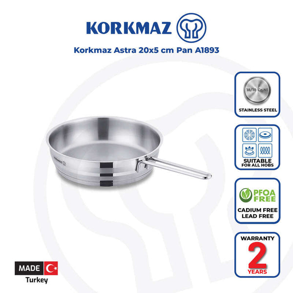 Korkmaz Astra Stainless Steel Frying Pan - 20x5cm, Induction Compatible, Made In Turkey