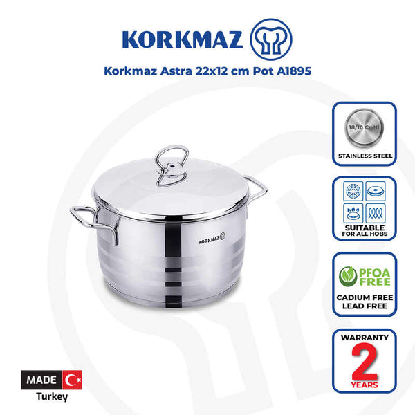 Korkmaz Astra Stainless Steel Stock Pot with Lid - 22x12cm, Induction Compatible, Made In Turkey