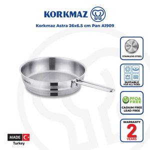 Korkmaz Astra Stainless Steel Frying Pan - 26x6.5cm, Induction Compatible, Made In Turkey