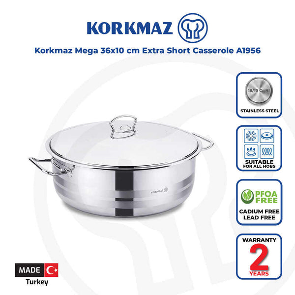 Korkmaz Astra Stainless Steel Cooking Pot with Lid - 36x10cm, Induction Compatible, Made In Turkey