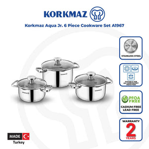 Korkmaz Aqua Jr. 6-Piece Stainless Steel Cookware Set with Glass Lid - Gas Stove Compatible, Made In Turkey